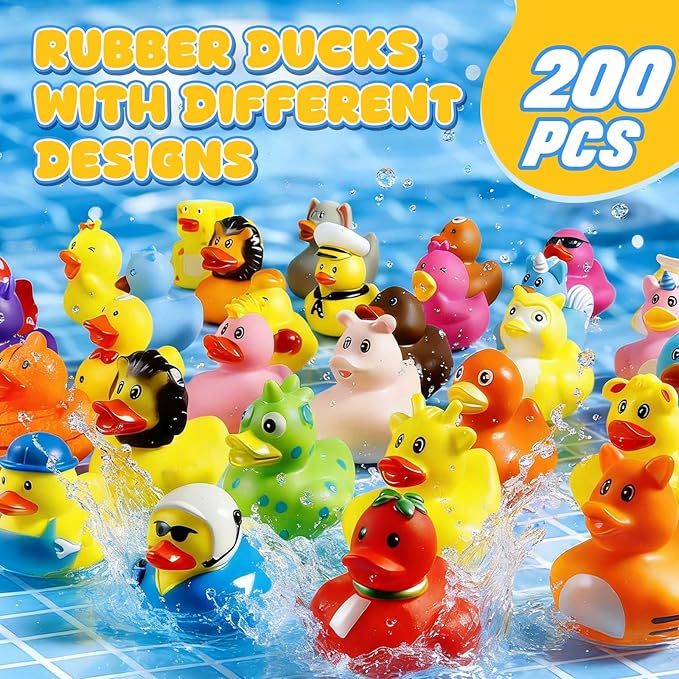 200 Pcs Rubber Ducks, Random Assortment Ducks Bulk for Jeeps Ducking, 2" Mini Rubber Duckies for Baby Toddler Bath Toys, Kids Pool Toys Birthday Gifts Party Favors