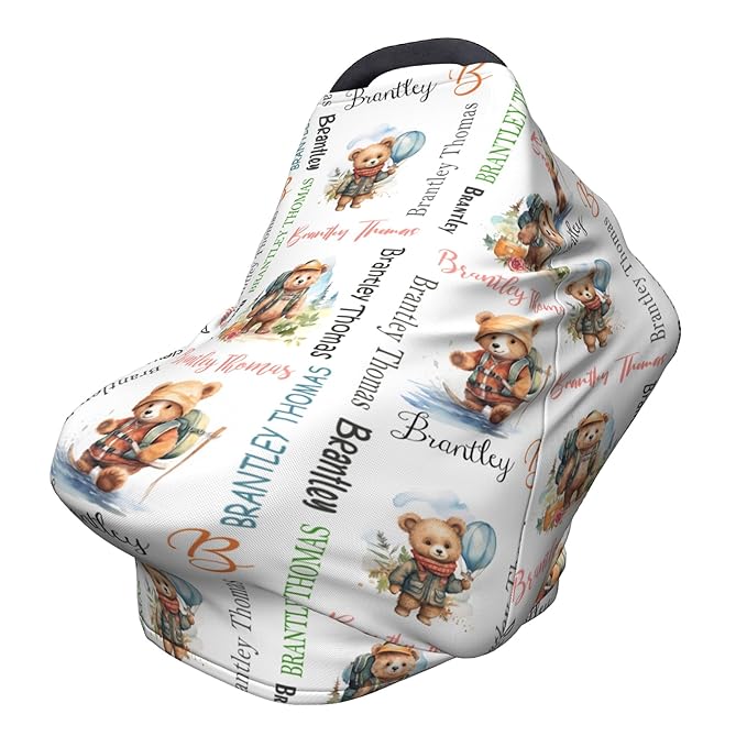 Personalized Baby Car Seat Covers for Babies, Custom Bear Nursing Breastfeeding Carseat Canopy with Name, Infant Stroller Covers for Newborn Girls Boys, Breathable Carseat Cover