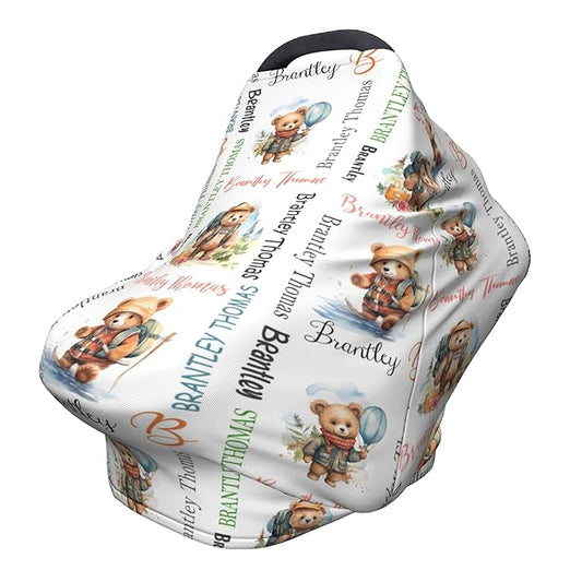 Personalized Baby Car Seat Covers for Babies, Custom Bear Nursing Breastfeeding Carseat Canopy with Name, Infant Stroller Covers for Newborn Girls Boys, Breathable Carseat Cover