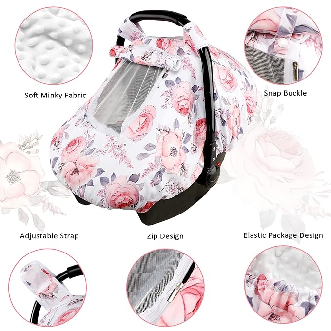 Car Seat Covers for Babies, Baby Carseat Head Support & Strap Cover, Winter Carseat Cover Girls, Pink Floral