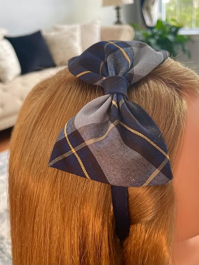 ClassExceed School Headband, Plaid bow headband, back to school, available in variety of school plaids (Plaid 57 Classic Navy Gold plaid, Regular)