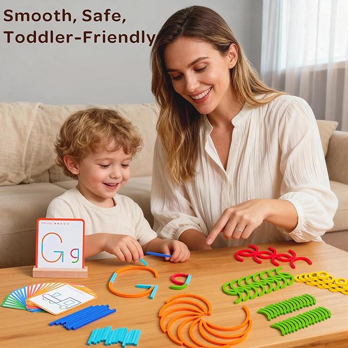 Montessori Smart Sticks Learning Set with Rings and Challenge Cards, 120PCS Creative Building Kit, STEM Toys for 3 4 5 Year Old Kids, Preschool Montessori Learning Activities