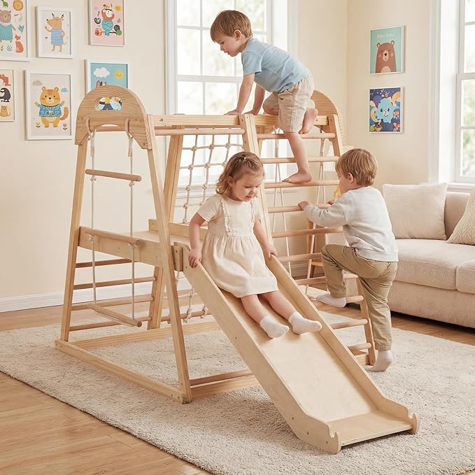 OLAKIDS Indoor Jungle Gym, 8 in 1 Wooden Montessori Toddler Climbing Toys with Adjustable Ramp Swing Slide, Monkey Bar Rope Ladder Waiting Area (Natural)