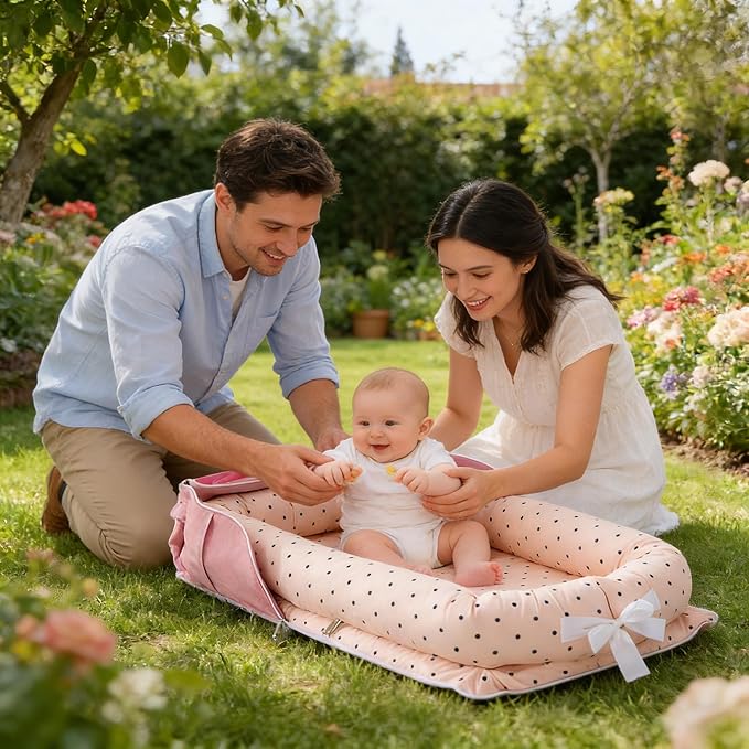 Baby Lounger for Newborn Portable Bag,Baby Nest Play Gym mat with Strap,Newborn Lounger Adjustable Size & Inner Zipper Lengthen Space to 24 Months(Pink Polka Dots)