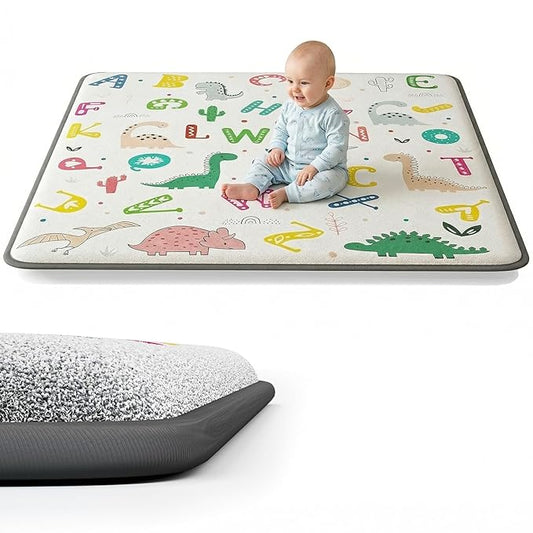 1.3" Thick Baby Play Mat for Floor, Elasti-Foam 50x50 Playpen Mat, Water Repellent Ultra Soft Coral Velvet Tummy Time Crawling Mats for Kid Toddlers Infants, Non-Slip Backing Safe Alphabet Zoo