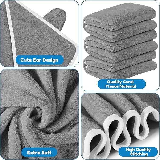 Lounsweer 6 Pieces Baby Bath Towels 30 x 30 Inch Hooded Toddler Towel Bath Blanket Absorbent Coral Fleece Hooded for Toddler Infant Newborn Shower Gift Supplies(White, Gray)