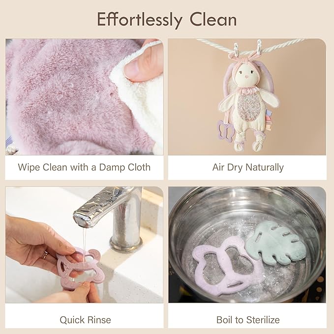 Moonkie Baby Lovey with Silicone Teether, Bunny Security Blanket with Textured Ribbons, Crinkle Toys, Soft Minky Velour & Natural Cotton, Newborn Girl Gift for Baby Shower or Birthday