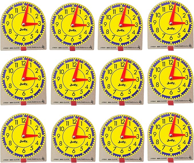 Judy Carson Dellosa 12 Mini Judy Clocks Set, 4" x 4" Learning Clock for Kids Ages 4-8, Kids Analog Clock for Teaching Time, Teaching Time Activity Set for Schools, Homeschool and Daycare