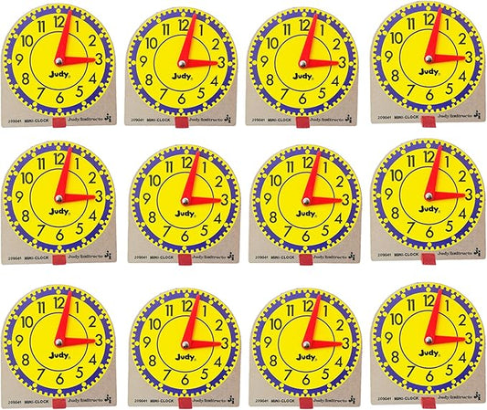 Judy Carson Dellosa 12 Mini Judy Clocks Set, 4" x 4" Learning Clock for Kids Ages 4-8, Kids Analog Clock for Teaching Time, Teaching Time Activity Set for Schools, Homeschool and Daycare