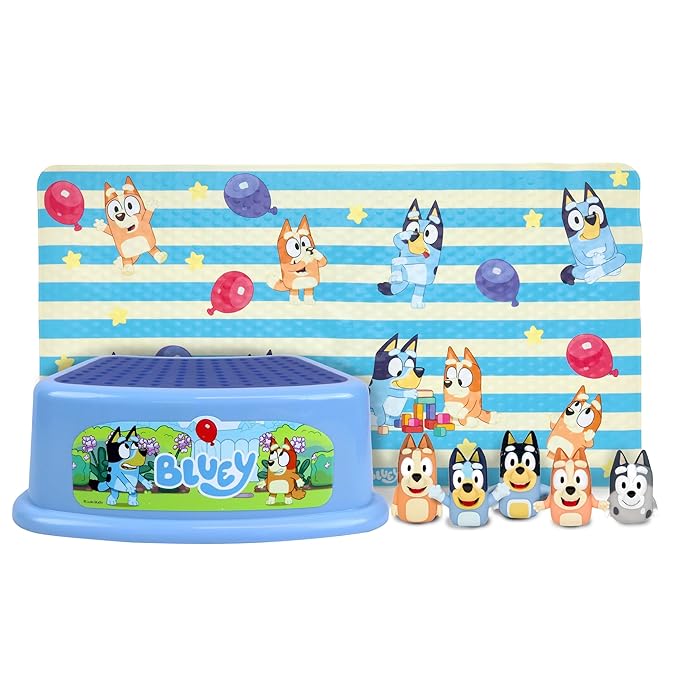 Bluey Bath Time Fun Set - Bath Finger Puppets, Vinyl Bath Mat, Step Stool