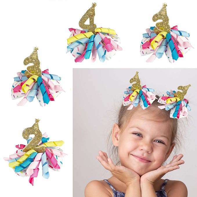 Birthday Hair Clips for Baby Girls - 2Pc Curly Ribbon with Gold Number Bow Hair Clips for 3rd Birthday Baby Bow Party Decorations for Girls Toddlers Hair Accessories (Gold Number- 3 Years)