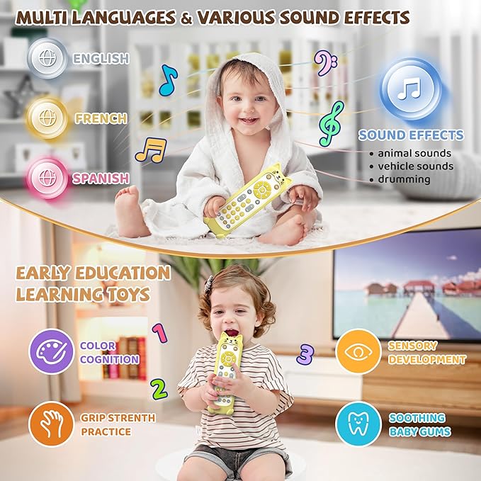 FLAMDYNO Baby Remote Control Toy with Cat Silicone Teether Cover - 3 Language Learning Toy (English/Spanish/French), 50+ Musical Sounds & Lights, Interactive Educational Gift for 6-18 Month Olds.
