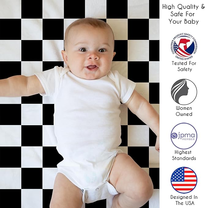 Sweet Jojo Designs Baby Play Mat (Black and White Gingham Checkered Plaid) for Boys or Girls, Infant, Toddler Tummy Time Activity Floor Playmat (Vintage, Classic, Checkerboard, Racing Flag, Geometric)