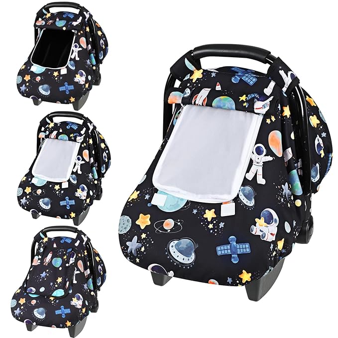 Baby Car Seat Cover, Windproof Carseat Cover for Infant Girls, Infant Warm Carseat Canopy with Double Layer Fabric for Winter, Compatible with Most Baby Car Seat, Black Space