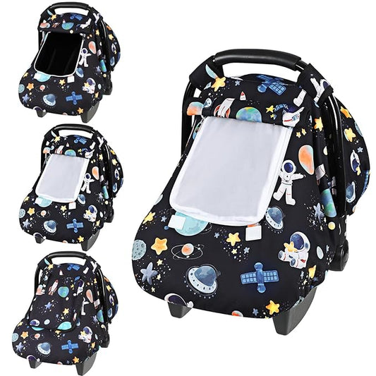 Baby Car Seat Cover, Windproof Carseat Cover for Infant Girls, Infant Warm Carseat Canopy with Double Layer Fabric for Winter, Compatible with Most Baby Car Seat, Black Space
