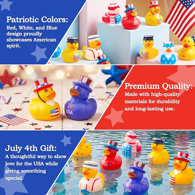 JOYIN 24 Pcs Patriotic Rubber Ducks, Red White Blue 4th of July Bulk Ducks with 8 Patriotic Designs, Independence Day Party Favor Gift Bath Toys for Kids Toddlers