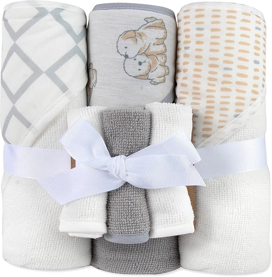Hooded Baby Bath Towel and Washcloth 6 Piece Set for Newborns Infants & Toddlers, Boys & Girls Baby Hooded Towels (Puppies & Patterns)