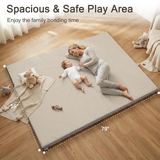 Vegan Leather Baby Play Mat, 79x59 Thicken Foam Play Mat for Infants and Toddlers, Padded & Cushioned Playpen Mat for 79x59 Playpens, 1.2" Thick, Grey