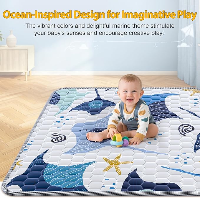 Baby Play Mat 43x43inch - Thick & Soft Ocean Theme Playmat with Ray & Starfish - Padded Crawling Mat for Babies & Toddlers, Non-Slip & Machine Washable Floor for Playpen
