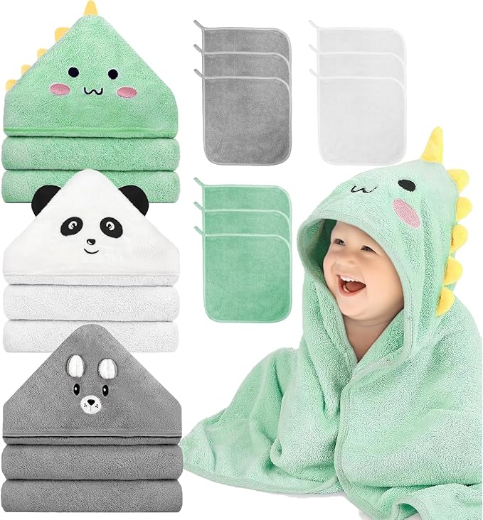 12 PCS Hooded Baby Towel Set, 32x32 Inch Absorbent Baby Bath Towels, 3 PCS Soft Hooded Towels & 9 PCS Washcloths, Ideal for Newborns, Toddlers, and Babies – Baby Bath Essentials (Green + Gray + White)