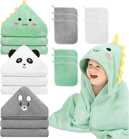 12 PCS Hooded Baby Towel Set, 32x32 Inch Absorbent Baby Bath Towels, 3 PCS Soft Hooded Towels & 9 PCS Washcloths, Ideal for Newborns, Toddlers, and Babies – Baby Bath Essentials (Green + Gray + White)