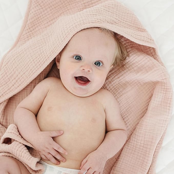 MairMore Hooded Baby Bath Towels, 100% Muslin Cotton Baby Girl Towels with Hood for Neutral Newborn Infants, Soft & Absorbent, Large Size - 32 * 32 Inches (Ivory & Pink)