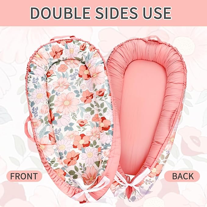 Baby Lounger Cover Girls, Cotton Newborn Nest Cover, Infant Lounger Replaceable Cover, Soft & Breathable, Reversible & Adjustable, Floral (Cover Only)