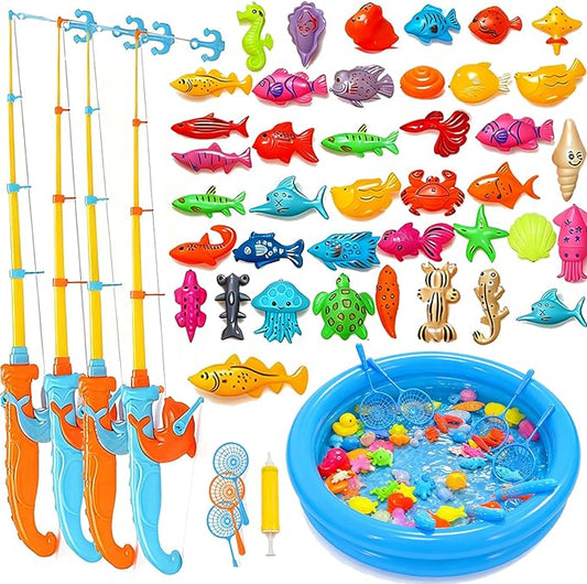 Magnetic Fishing Game Pool Toys for Kids, Water Table Bathtub Toy Fishing with Inflatable Pool, Water Bath Pool Outdoor Toys for Kids Outdoor Indoor Carnival Party Favors