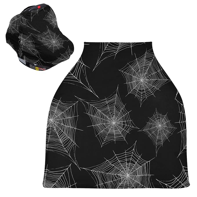 Halloween Cobweb Pattern Spider Web Black and White Design Stretchy Baby Car Seat Cover Infant Canopy Nursing Covers Breastfeeding Cover Breathable Windproof Winter Scarf for Boys Girls