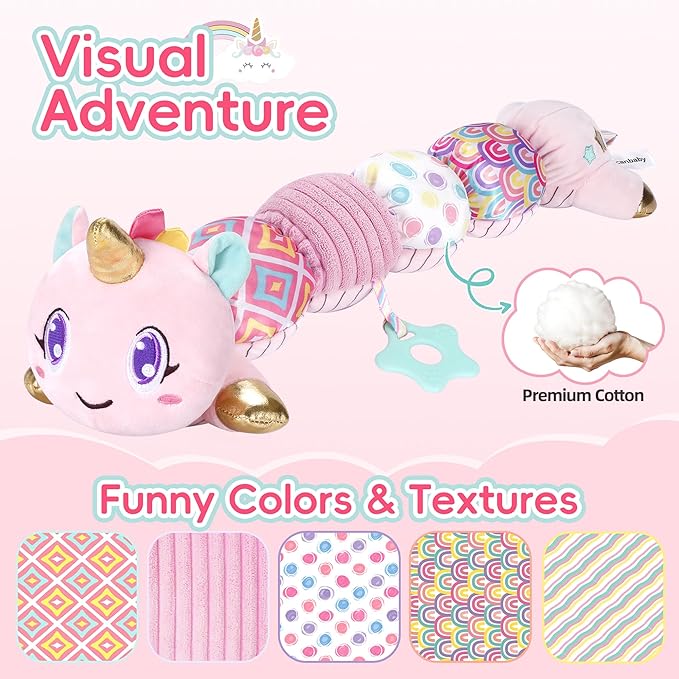 Unicorn Baby Toys 6-12 Months Infant Musical Stuffed Toys for Newborn Tummy Time Sensory toys for babies with Crinkle and Rattle 0-3-6-12 Months Old Baby Girl Must Have Christmas Birthday Gifts - Pink