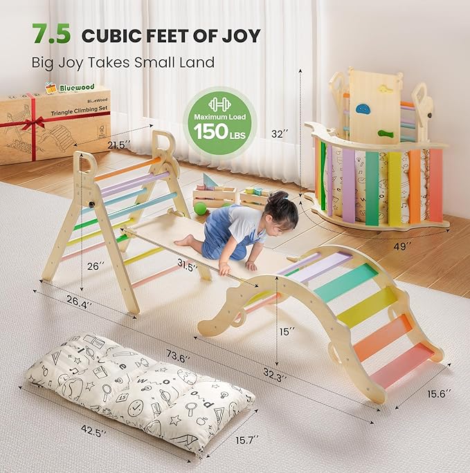 BlueWood Pikler Triangle Set with Cushion, 8-in-1 Climbing Toys for Toddlers, Montessori Philosophy Play Jungle Gym with Arch, Ramp, Ladder(Sunshine Rainbow)