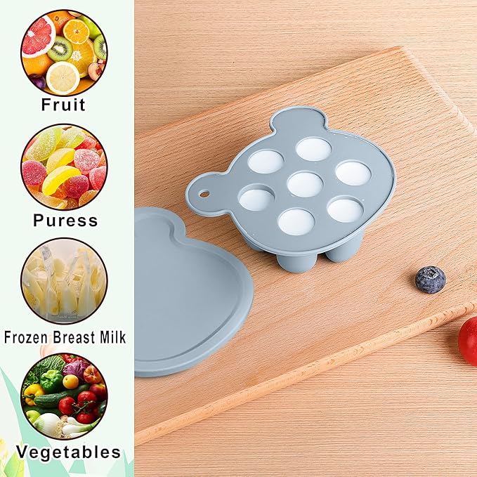 6-in-1 Baby Fruit Feeder Pacifier & Baby Food Feeder Set – Silicone Breastmilk Popsicle Mold with Freezer Tray, Teething Relief Toy, BPA Free Infant Feeder, 3 Sizes (S/M/L) Sacs (Sky Blue)