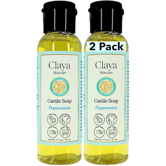 Claya Peppermint Liquid Castile Soap – Organic Ingredients, Biodegradable, Gentle for Sensitive Skin, Versatile Use and Travel Size (2 Pack of 2 fl oz)