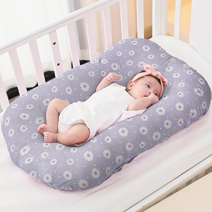 FUNUPUP Muslin Baby Lounger Cover Compatible with Snuggle Me Lounger, Infant Pillow Cover for Newborn, Removable Nest Slipcover for Boys and Girls, Only Cover, Purple Daisy