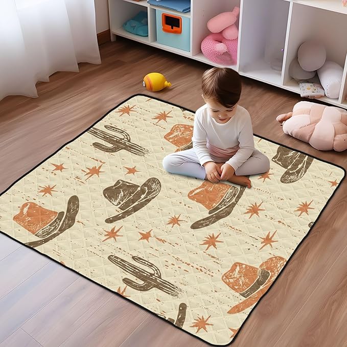 Baby Play Mat Desert Cowboy Hat and Cactus 50 x 50 Playpen Baby Mats for Floor Play Gym Crawling Mat Non-Slip Cushioned Playmat for Infants, Babies, Toddlers