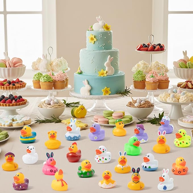 Haooryx Easter Rubber Duck Toys - 30Pcs Novelty Rabbit Squeeze Duck Bulk Cute Assorted Duckies Bath Toy Bathtub Decoration for Baby Shower Easter Egg Hunt Game Prizes Birthday Gift Spring Party Favors