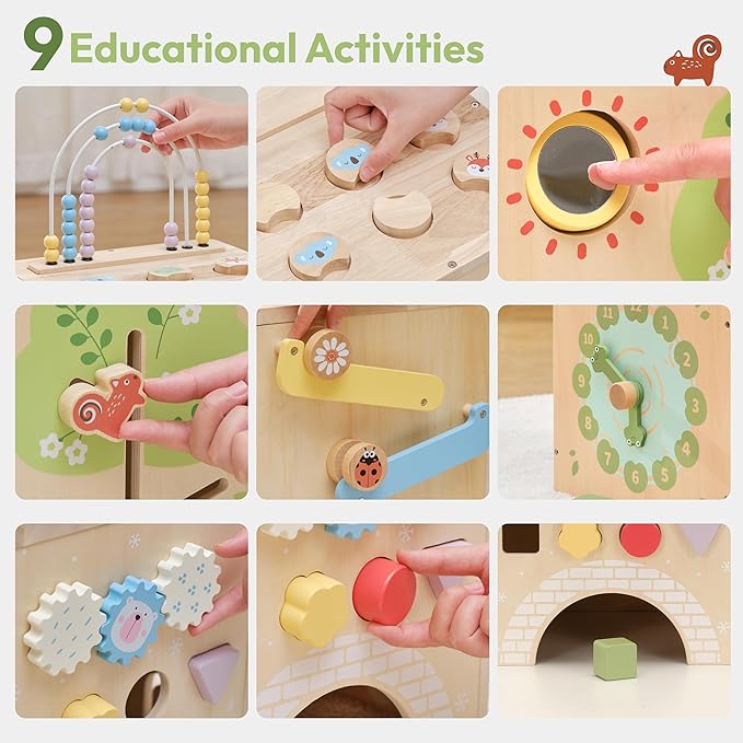 Wooden Activity Cube 9-in-1 Montessori Busy Board Toy | Educational Sorting Play Center for 1+ Year Old Toddlers | First Birthday for Boys Girls