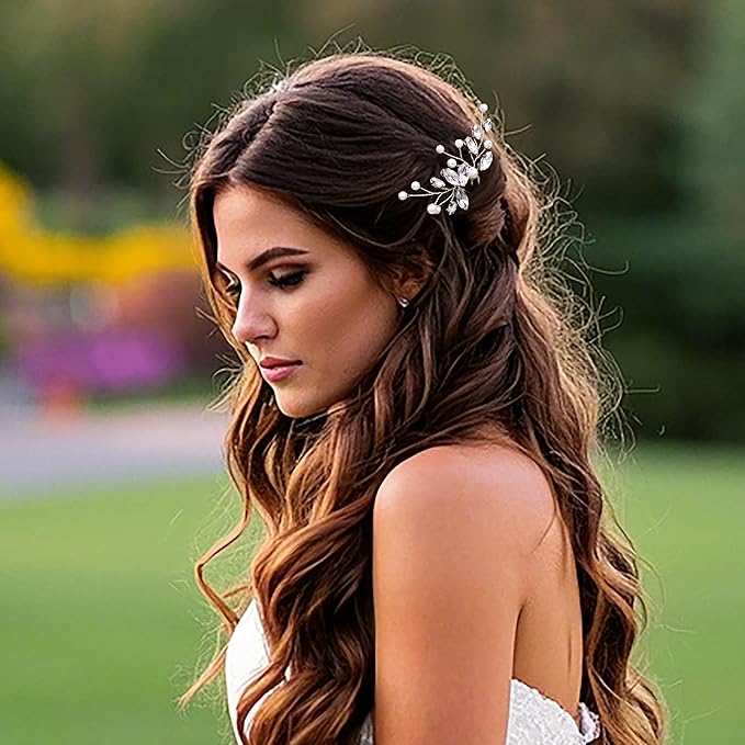 Oriamour Bridal Hair Pins 6 Pcs Rhinestone Wedding Hair Accessories Pearl Crystal Bobby Bridal Hair Clips Jewelry Bridal Hair Accessories for Brides Bridesmaids Flower Women Girls (Silver, 3.5'')