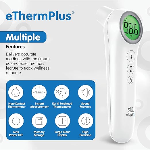 Elepho eTherm Plus Non-Contact Infrared Forehead Thermometer for All The Family; Babies to Adults – Accurate & Fast Readings in 1 Second. Large LCD Display…