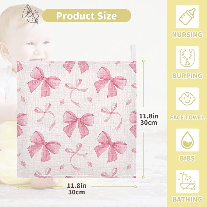 Burbuja Pink Bow Baby Washcloths - Muslin Cotton Soft Absorbent Baby Towel for Newborn Baby Sensitive Skin - Baby Essential Item, 12x12 in, 5 Pack