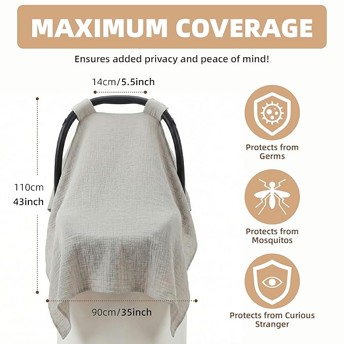 Muslin Cotton Car Seat Cover Baby, Infant Car Seat Cover & Canopy, Universal Fit Stroller Cover for Boys & Girls, Breathable Sunshade Protection (Summer Wheat)
