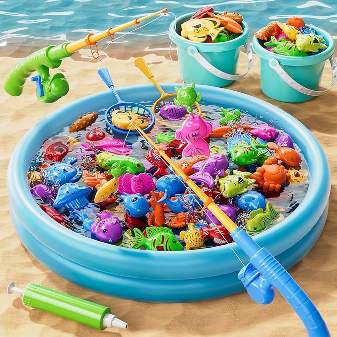 60 Pcs Magnetic Fishing Pool Toys Game for Kids Toddlers, Fishing Water Table Bathtub Toy with Inflatable Pool Pole Rod Net Bucket Plastic Floating Fish, Water Bath Pool Outdoor Toy for Kids Age 3 4 5