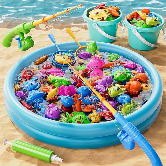 60 Pcs Magnetic Fishing Pool Toys Game for Kids Toddlers, Fishing Water Table Bathtub Toy with Inflatable Pool Pole Rod Net Bucket Plastic Floating Fish, Water Bath Pool Outdoor Toy for Kids Age 3 4 5