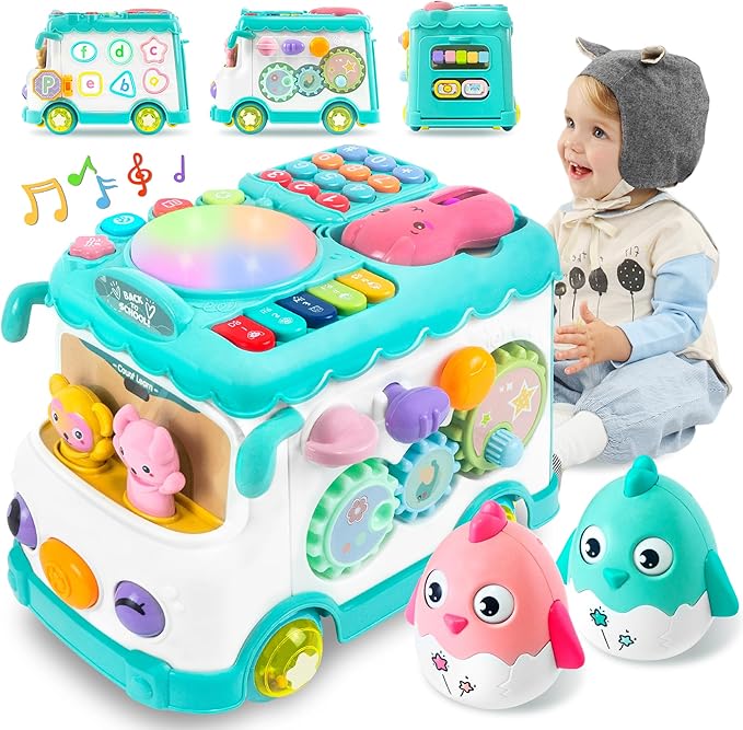 Toys for 1 Year Old Girl Gifts, 10-in-1 Montessori Toys Bus for Baby 6-12 12-18 Months, Educational Musical Learning Toddler Toy Age 1-2, 1st First Birthday Gifts for Girls and Boys, Blue
