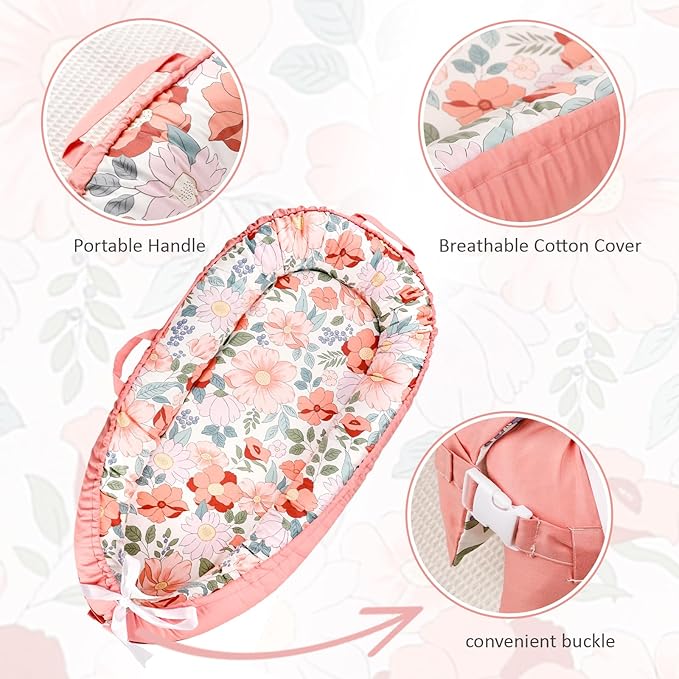 Baby Lounger Cover Girls, Cotton Newborn Nest Cover, Infant Lounger Replaceable Cover, Soft & Breathable, Reversible & Adjustable, Floral (Cover Only)