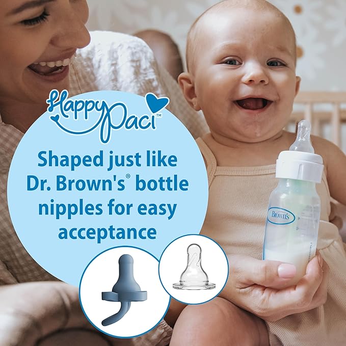 Dr. Brown's HappyPaci 100% Silicone Baby Pacifier, Contoured One-Piece Design, Light-Blue, Blue, White, 0-6m, BPA-Free, 8-Pack