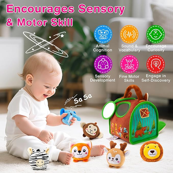 Baby Toys - Soft Squirrel Barn with 6 Sensory Stuffed Animals - Rattles, Crinkle, Mirror, Montessori Toys Ball for 6-12 Months & 0-3 year Toddler Boy Girl Birthday Gift Travel & Fidget Toy