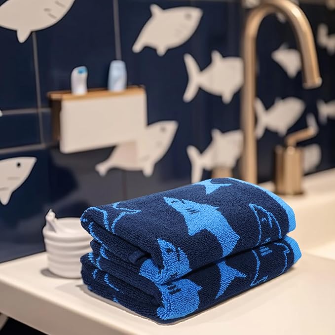 ORIGINAL KIDS Wash Cloth - Bath Time Shark Attack Set of 12 Washcloths - 100% Cotton Jacquard Super Soft Colorful Absorbent Quick Dry Easy Care Face Towel Face Cloth Gift - 12 x 12 - Navy Blue