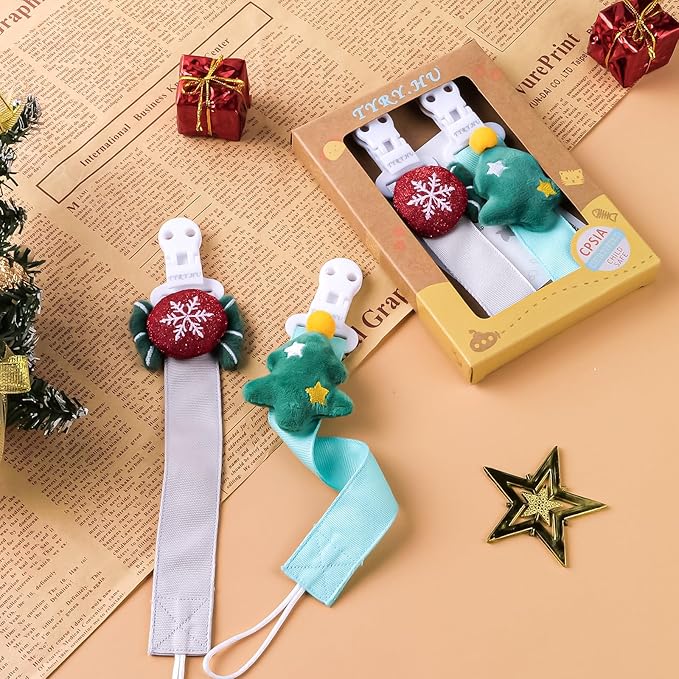 TYRY.HU Pacifier Clip for Baby, 2 Pack Neutral Pacifier Holder Clip for Girls Boys, Soft Webbing Soothie Christmas Binky Clips Fit All Pacifiers, Cute Baby Shower Gift，Tree & Candy