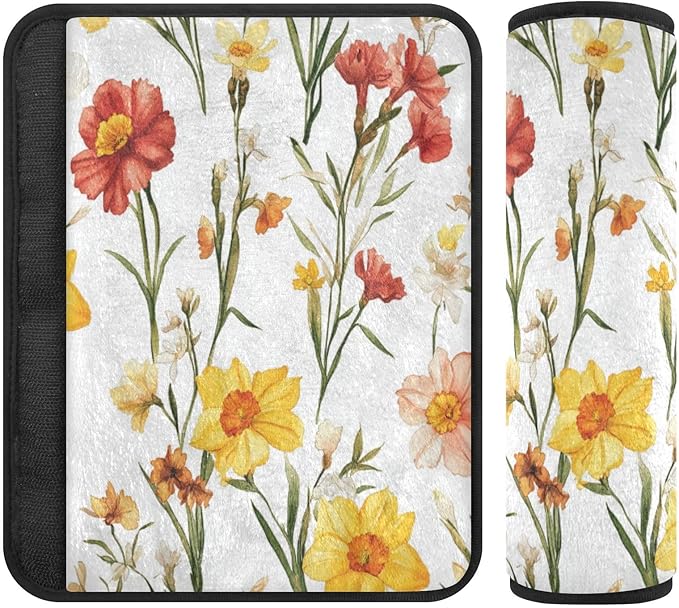 Car Seat Belt Pads Covers 2 Piecing Soft Car Safety Seat Belt Strap Shoulder Pad for Women Men Kids M Fall Flowers Daffodil Carnation Freesia White